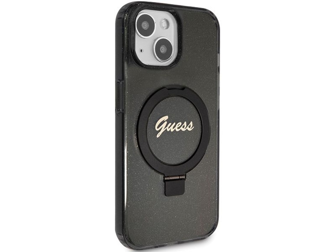 Capa MagSafe Guess Ring Stand Script Glitter para iPhone 13/14/15 - preta