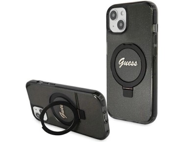 Guess Ring Stand Script Glitter MagSafe case for iPhone 14 / 15 / 13 - black Guess Ring Stand Script Glitter MagSafe case for iPhone 14 / 15 / 13 - black