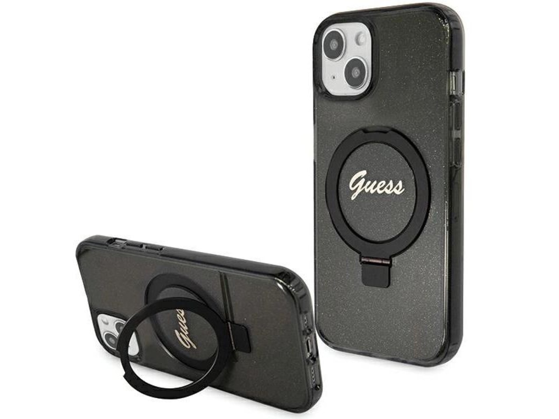 Funda Guess Ring Stand Script Glitter MagSafe para iPhone 14 / 15 / 13 - negra