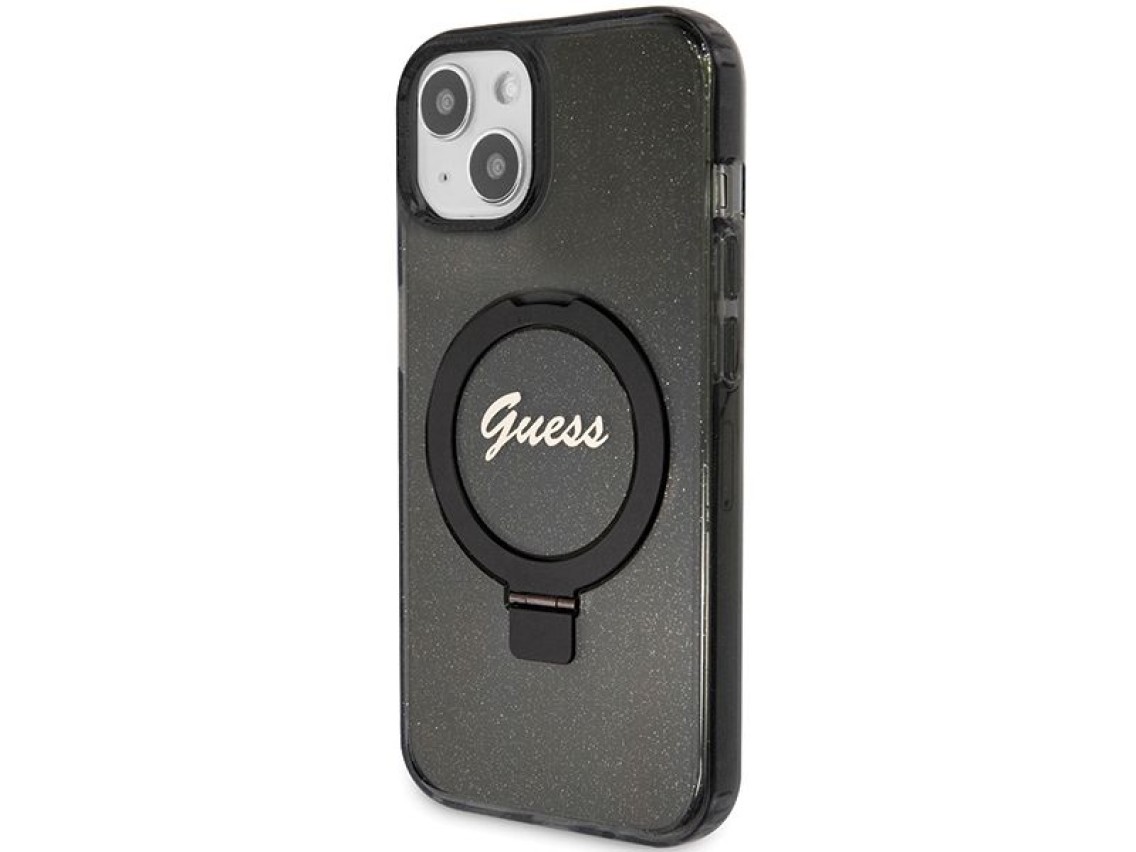 Funda Guess Ring Stand Script Glitter MagSafe para iPhone 14 / 15 / 13 - negra