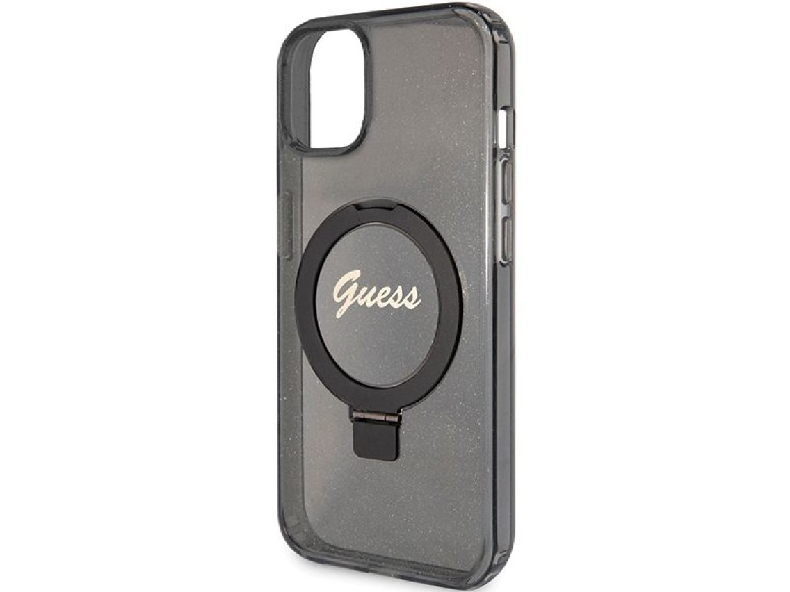 Funda Guess Ring Stand Script Glitter MagSafe para iPhone 14 / 15 / 13 - negra