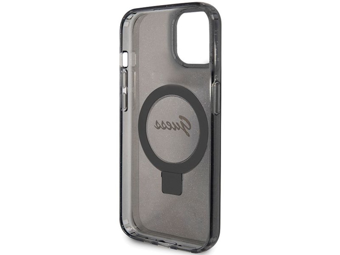 Funda Guess Ring Stand Script Glitter MagSafe para iPhone 14 / 15 / 13 - negra