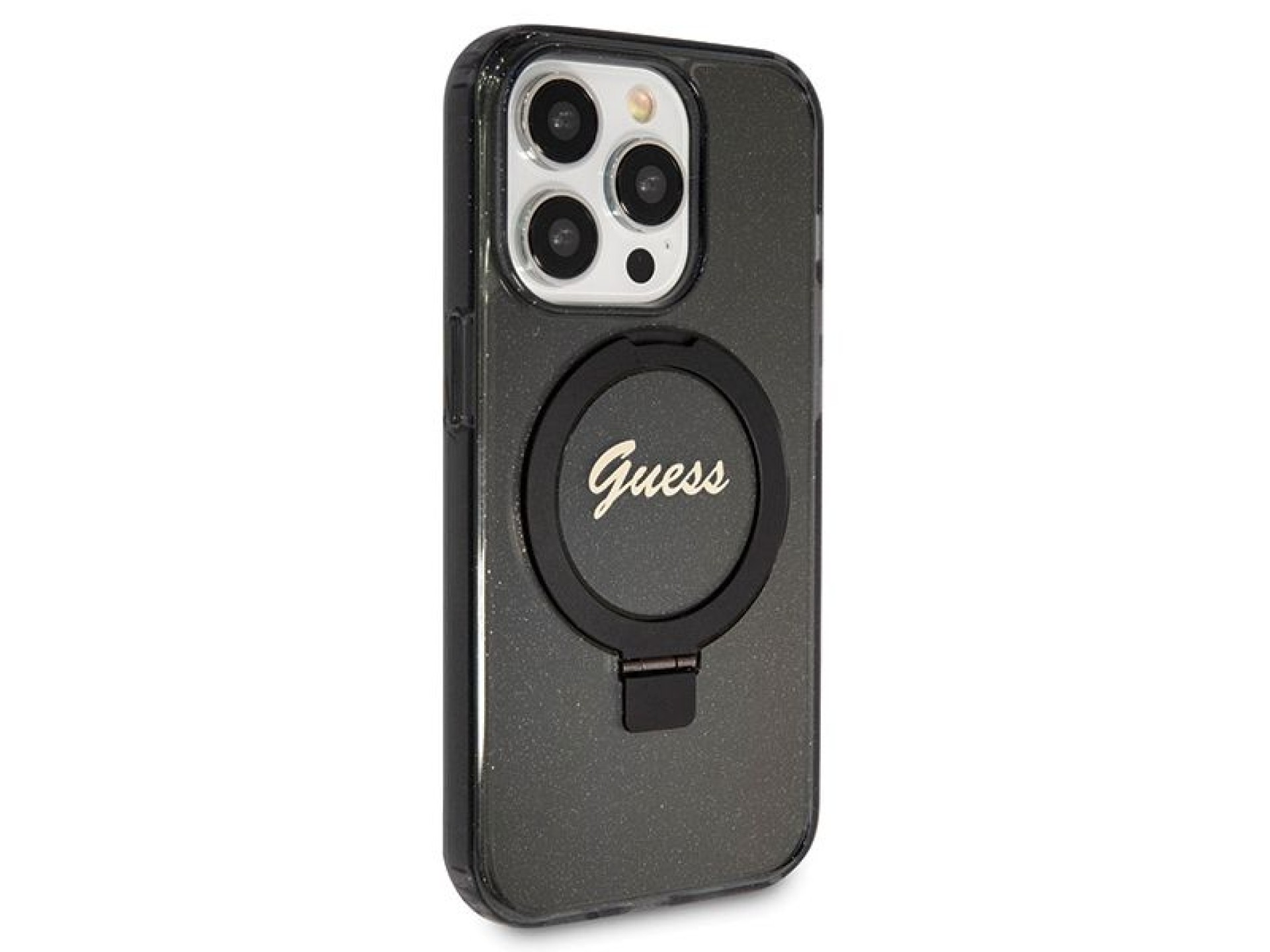 Capa MagSafe Guess Ring Stand Script Glitter para iPhone 14 Pro - preta