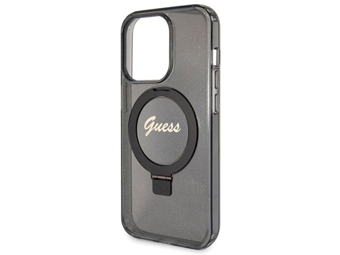 Capa MagSafe Guess Ring Stand Script Glitter para iPhone 14 Pro - preta