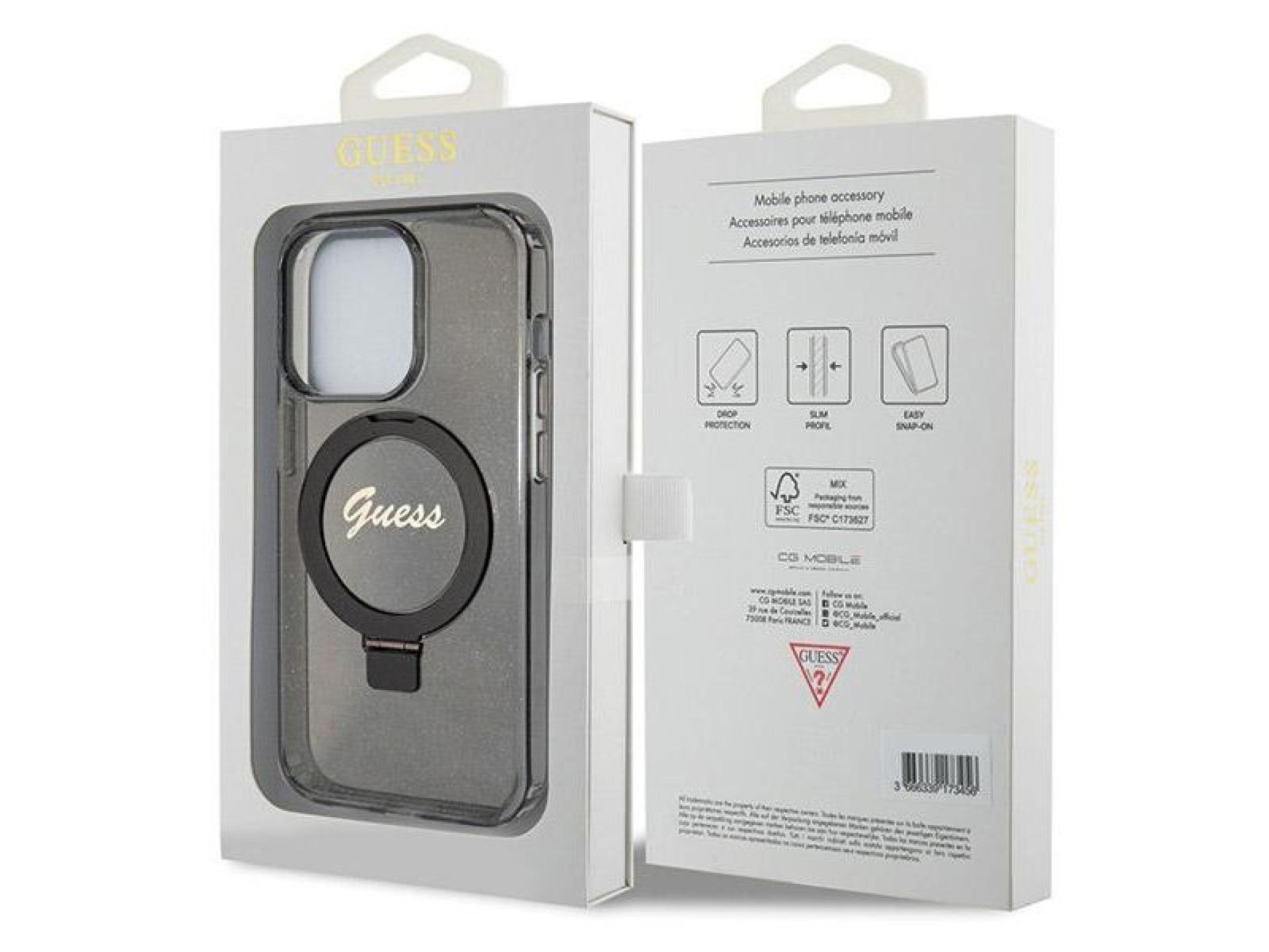 Capa MagSafe Guess Ring Stand Script Glitter para iPhone 14 Pro - preta