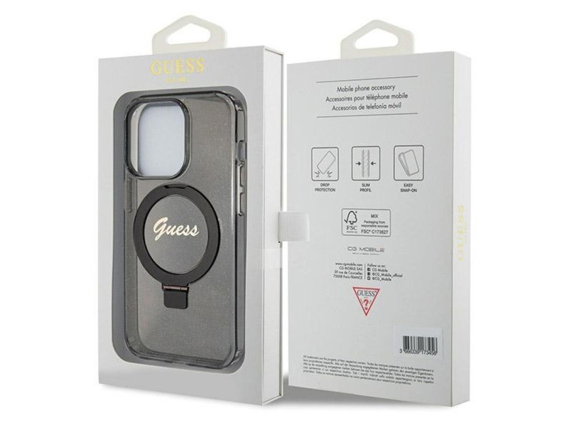 Capa MagSafe Guess Ring Stand Script Glitter para iPhone 14 Pro - preta