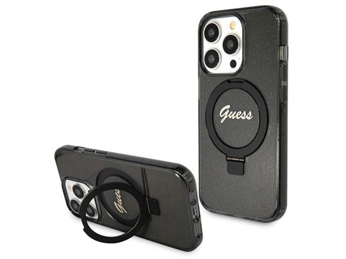 Capa MagSafe Guess Ring Stand Script Glitter para iPhone 14 Pro Max - preta