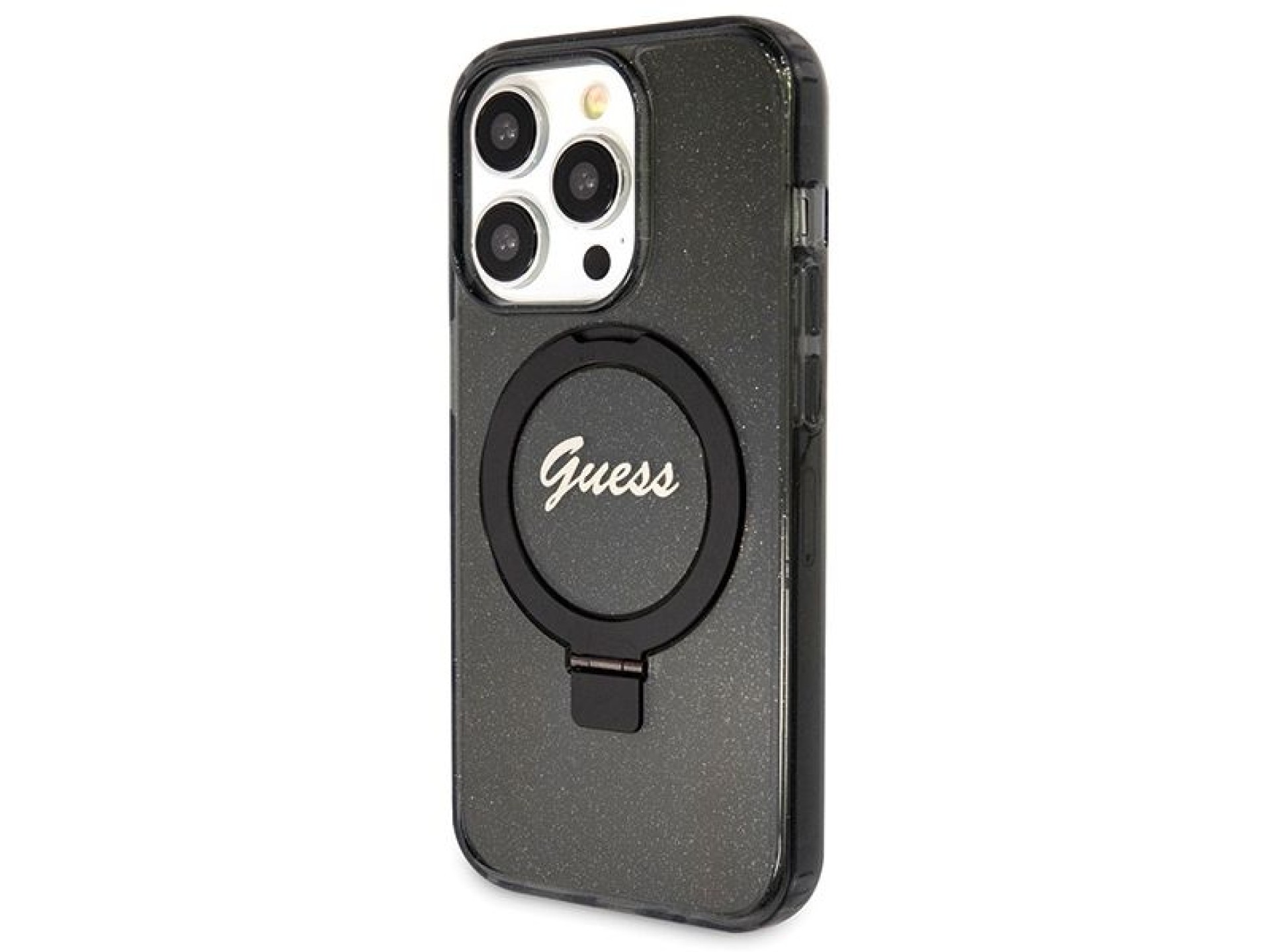 Capa MagSafe Guess Ring Stand Script Glitter para iPhone 14 Pro Max - preta