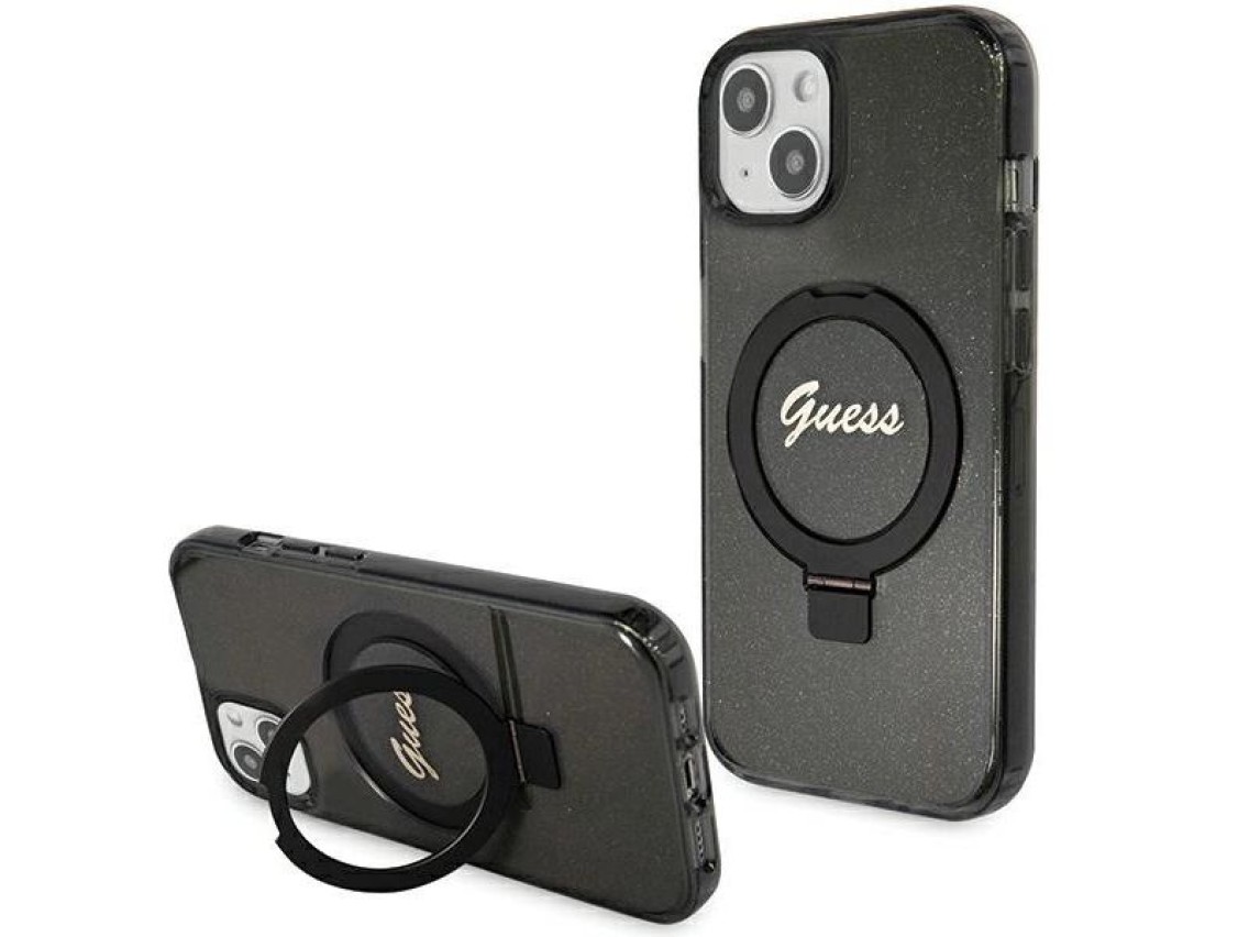 Guess Ring Stand Script Glitter MagSafe Case for iPhone 15 Plus / 14 Plus - Black