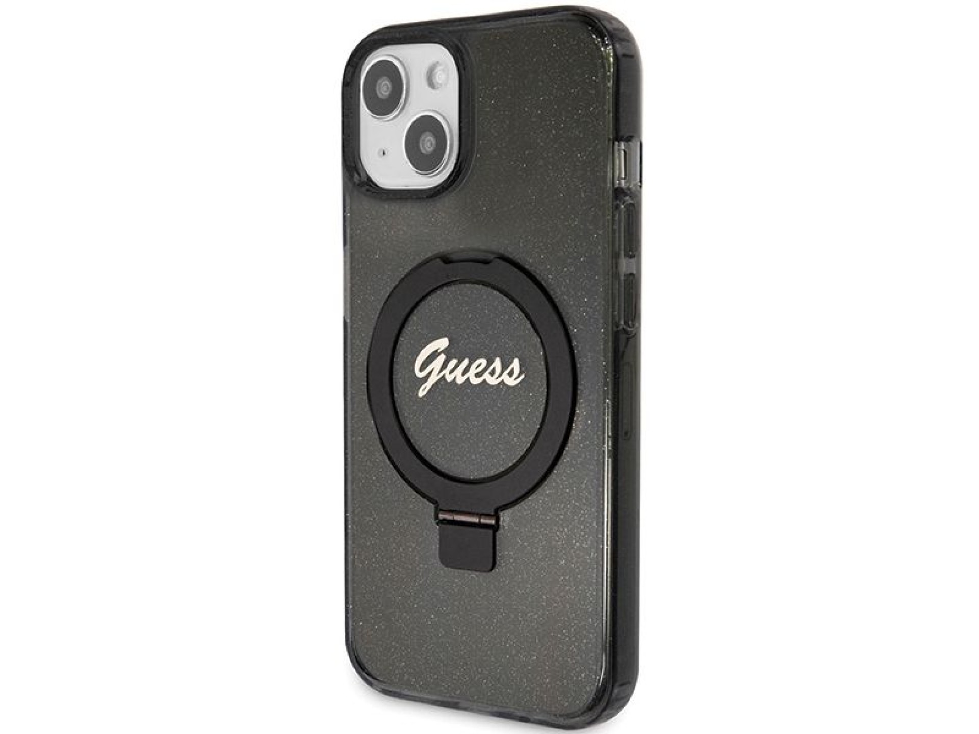 Guess Ring Stand Script Glitter MagSafe Case for iPhone 15 Plus / 14 Plus - Black