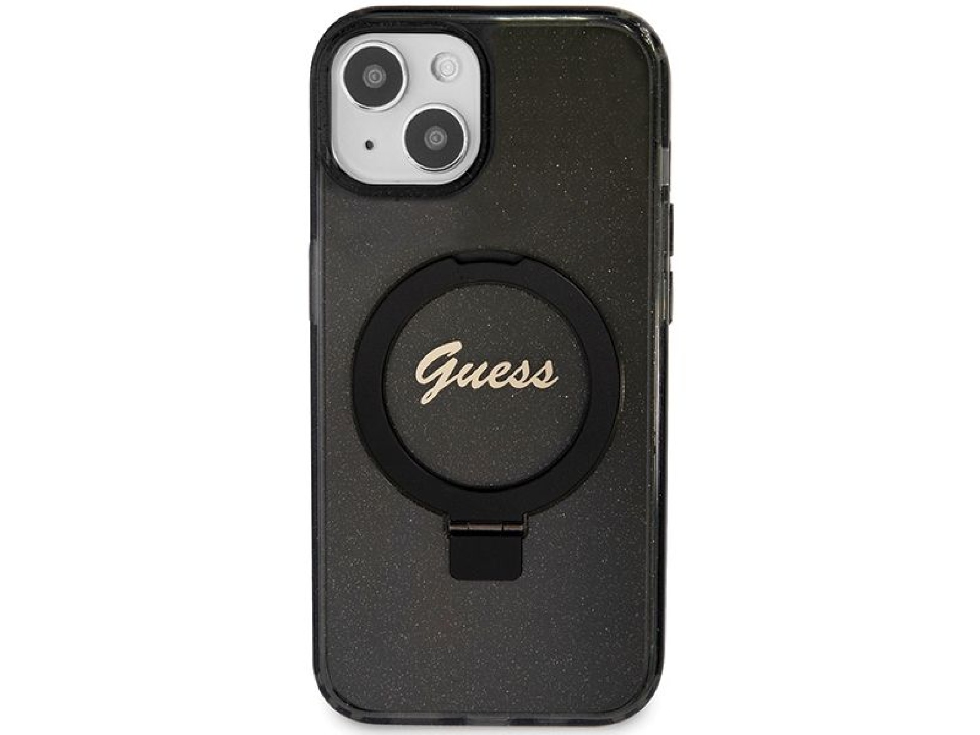 Guess Ring Stand Script Glitter MagSafe Case for iPhone 15 Plus / 14 Plus - Black
