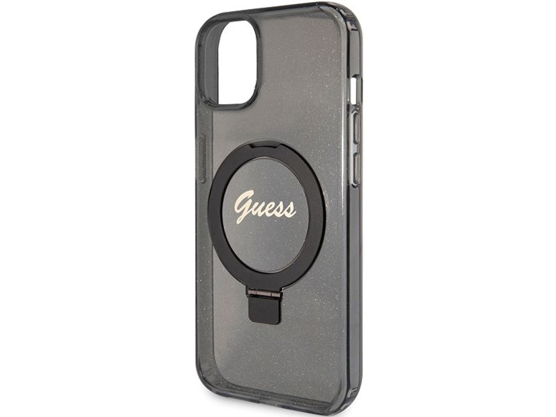 Guess Ring Stand Script Glitter MagSafe Case for iPhone 15 Plus / 14 Plus - Black