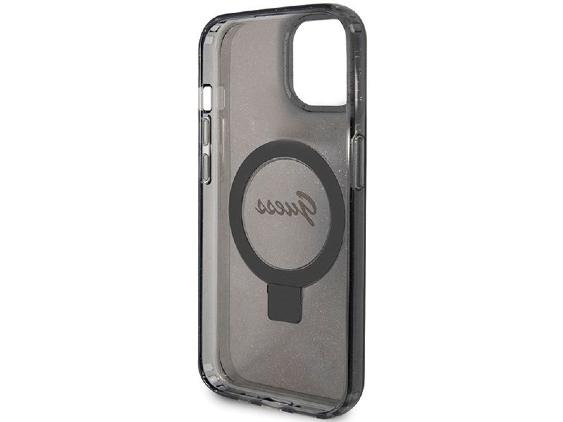 Guess Ring Stand Script Glitter MagSafe Case for iPhone 15 Plus / 14 Plus - Black