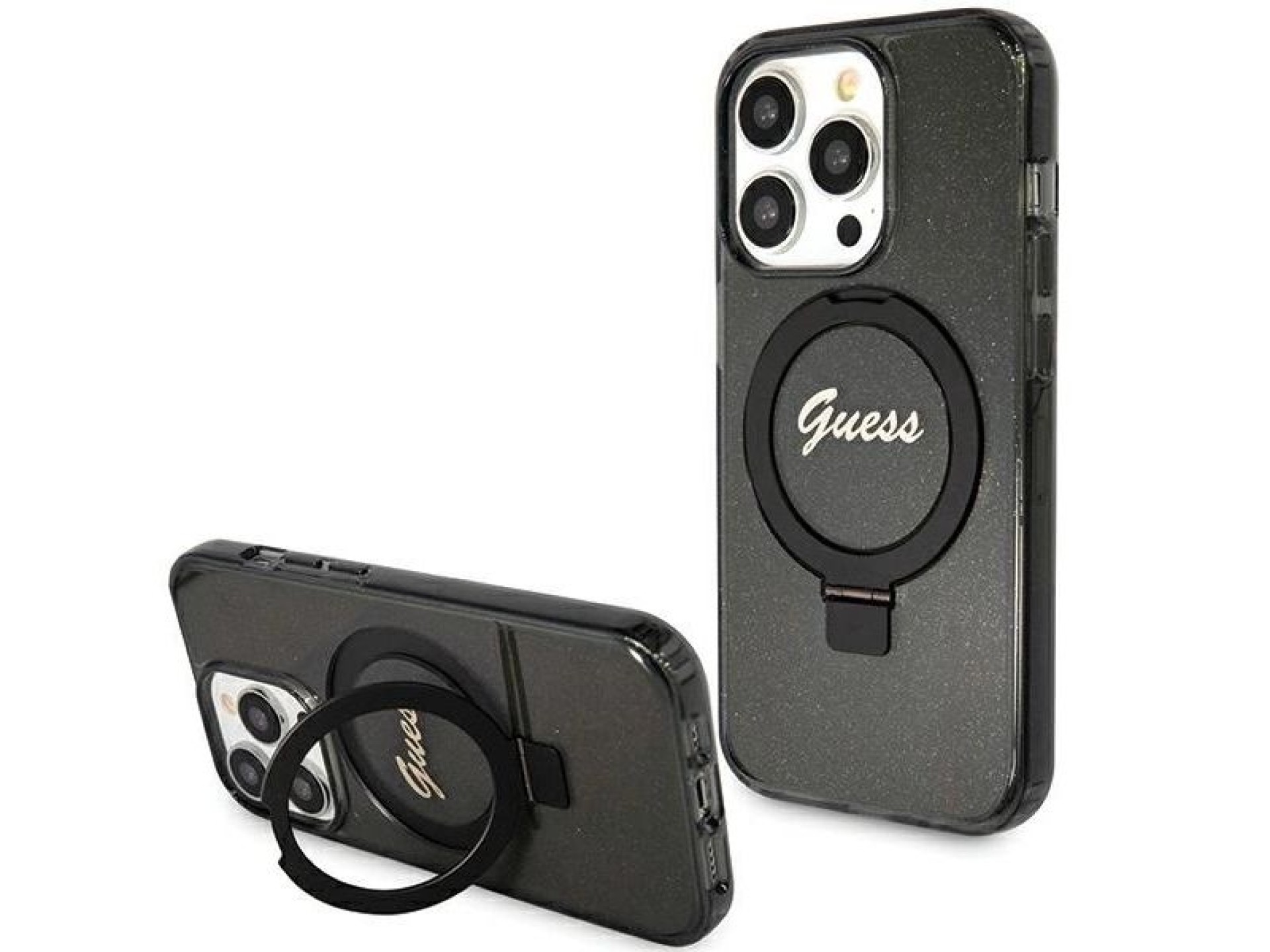 Guess Ring Stand Script Glitter MagSafe case for iPhone 15 Pro - black