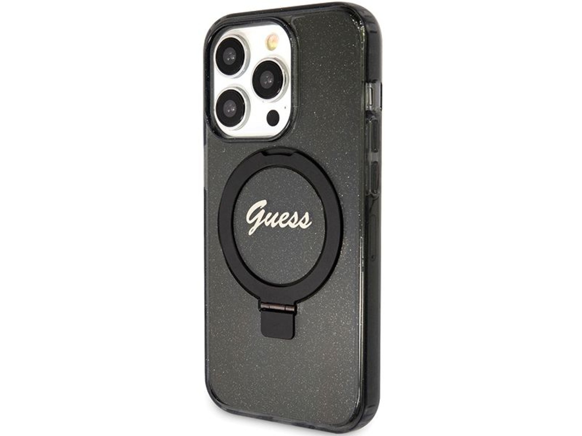 Guess Ring Stand Script Glitter MagSafe case for iPhone 15 Pro - black