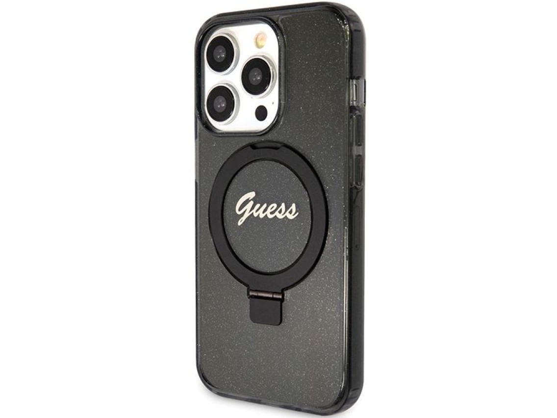 Guess Ring Stand Script Glitter MagSafe case for iPhone 15 Pro - black