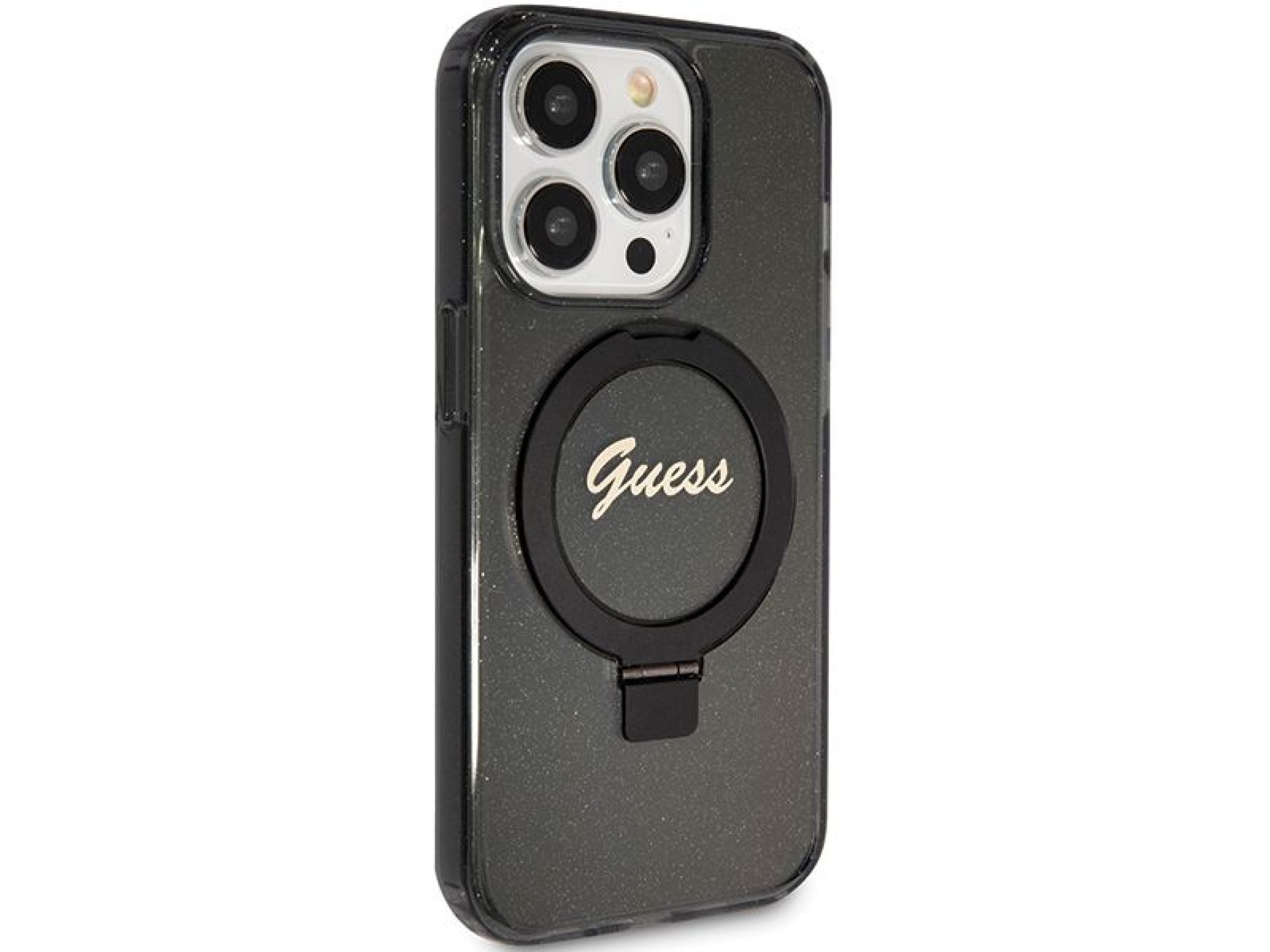 Guess Ring Stand Script Glitter MagSafe case for iPhone 15 Pro - black