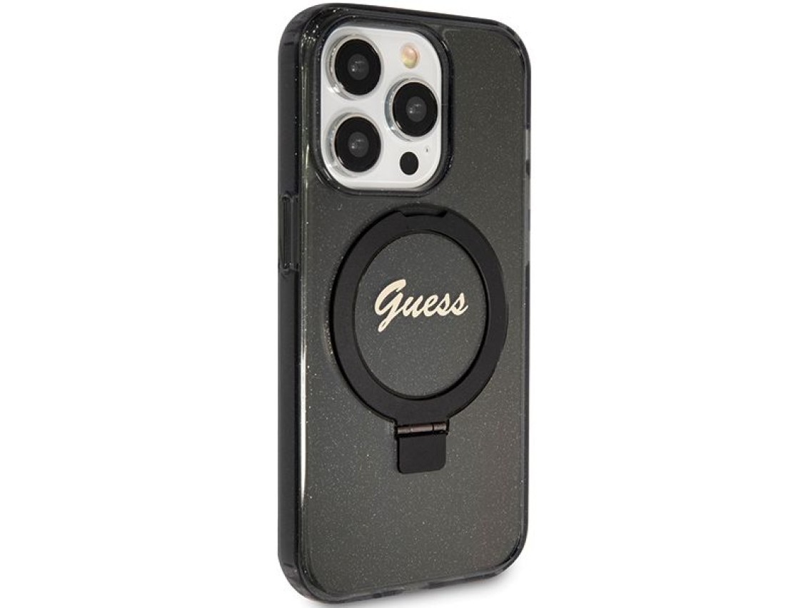 Guess Ring Stand Script Glitter MagSafe case for iPhone 15 Pro - black