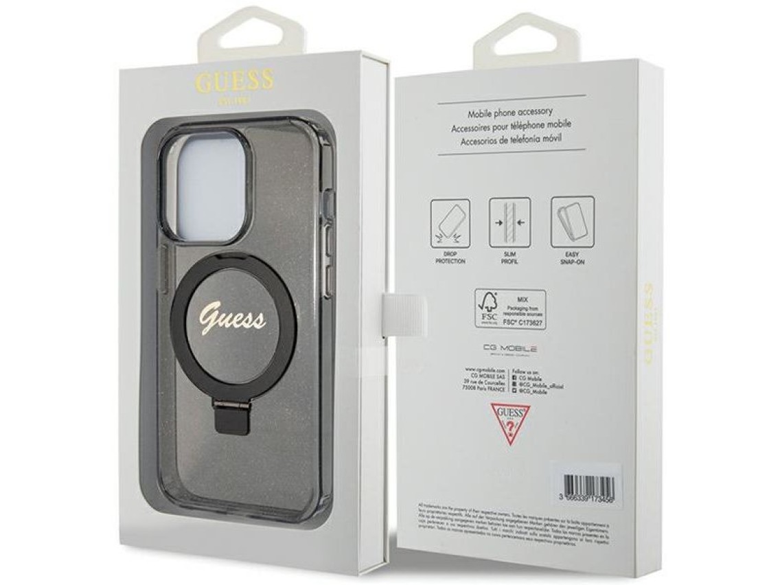 Guess Ring Stand Script Glitter MagSafe case for iPhone 15 Pro - black