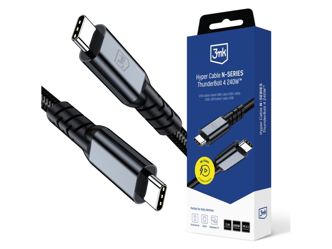 Cable 3mk Hyper N-SERIES Thunderbolt 4 USB-C / USB-C 1m 48V/5A 40Gb/s 240W 8K60Hz - negro