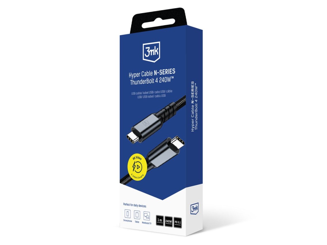 Cable 3mk Hyper N-SERIES Thunderbolt 4 USB-C / USB-C 1m 48V/5A 40Gb/s 240W 8K60Hz - negro