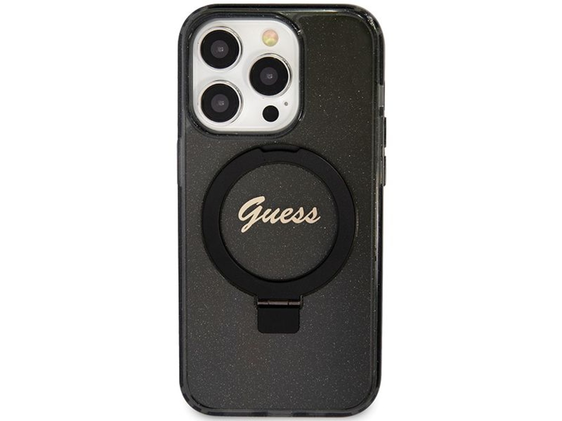 Capa MagSafe Guess Ring Stand Script Glitter para iPhone 15 Pro Max - preta