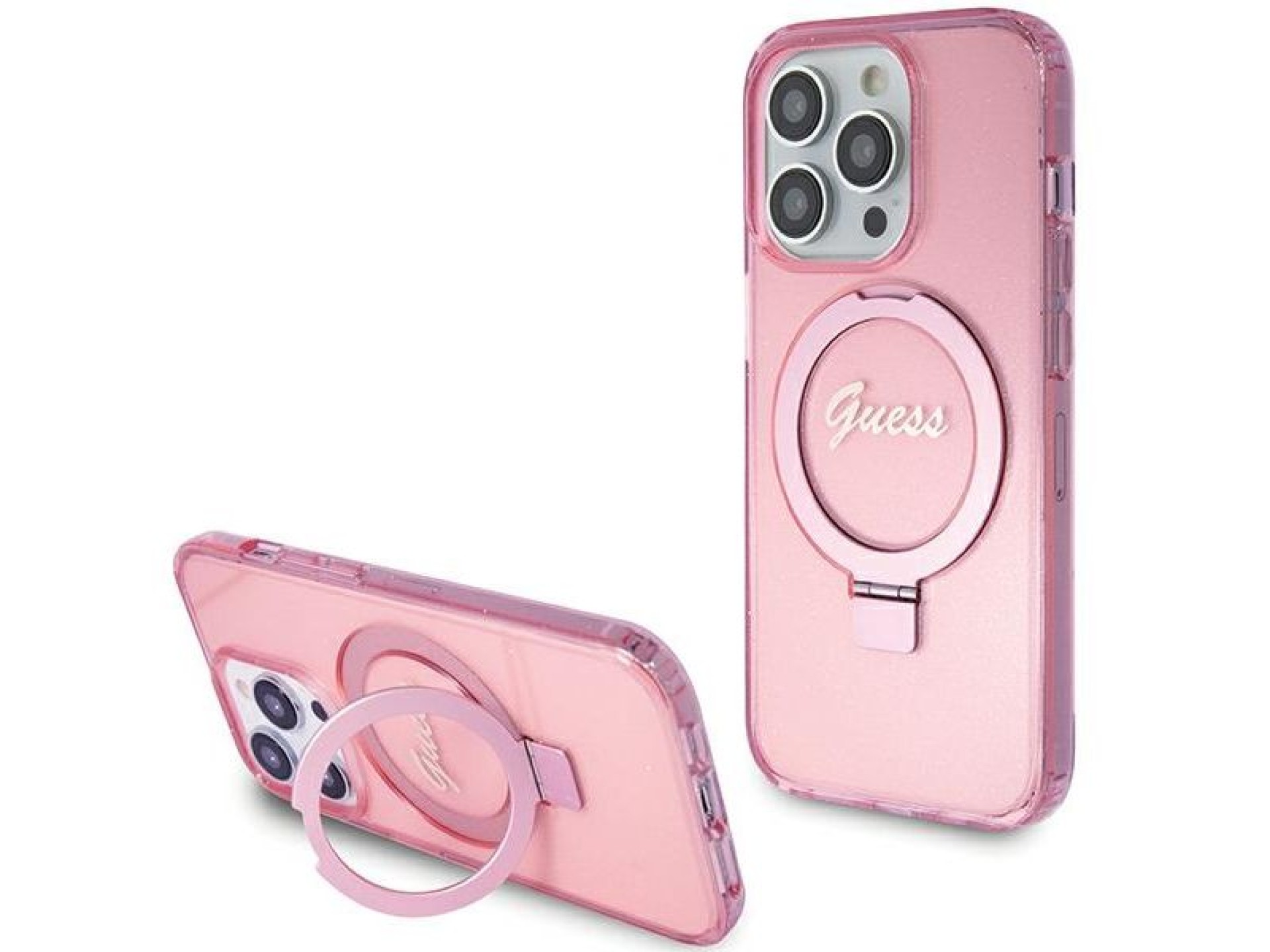 Capa MagSafe Guess Ring Stand Script Glitter para iPhone 15 Pro Max - rosa