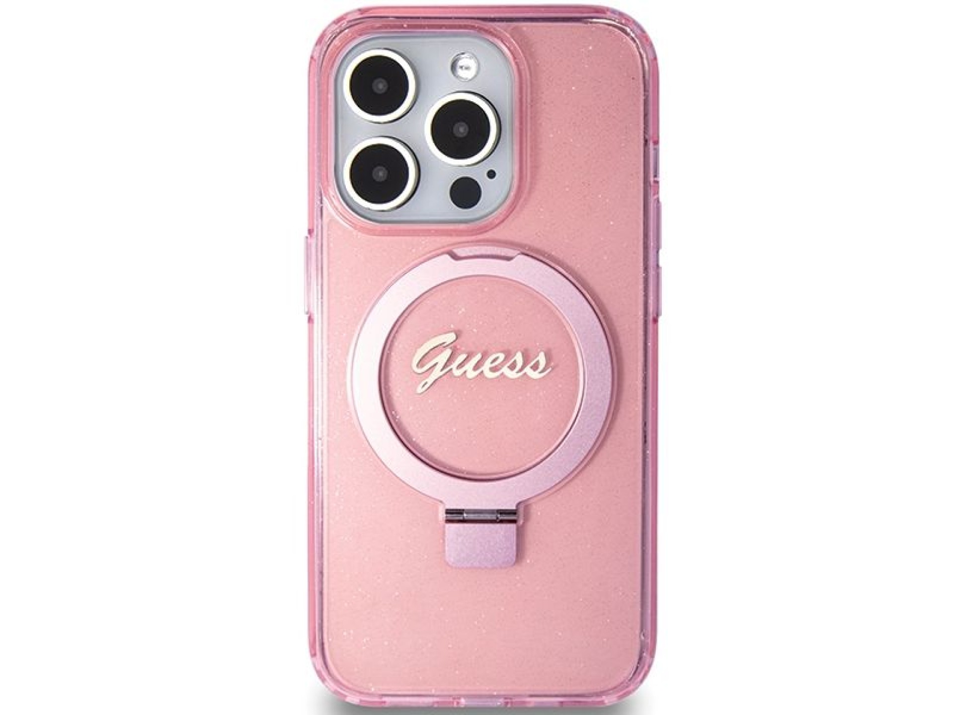 Capa MagSafe Guess Ring Stand Script Glitter para iPhone 15 Pro Max - rosa