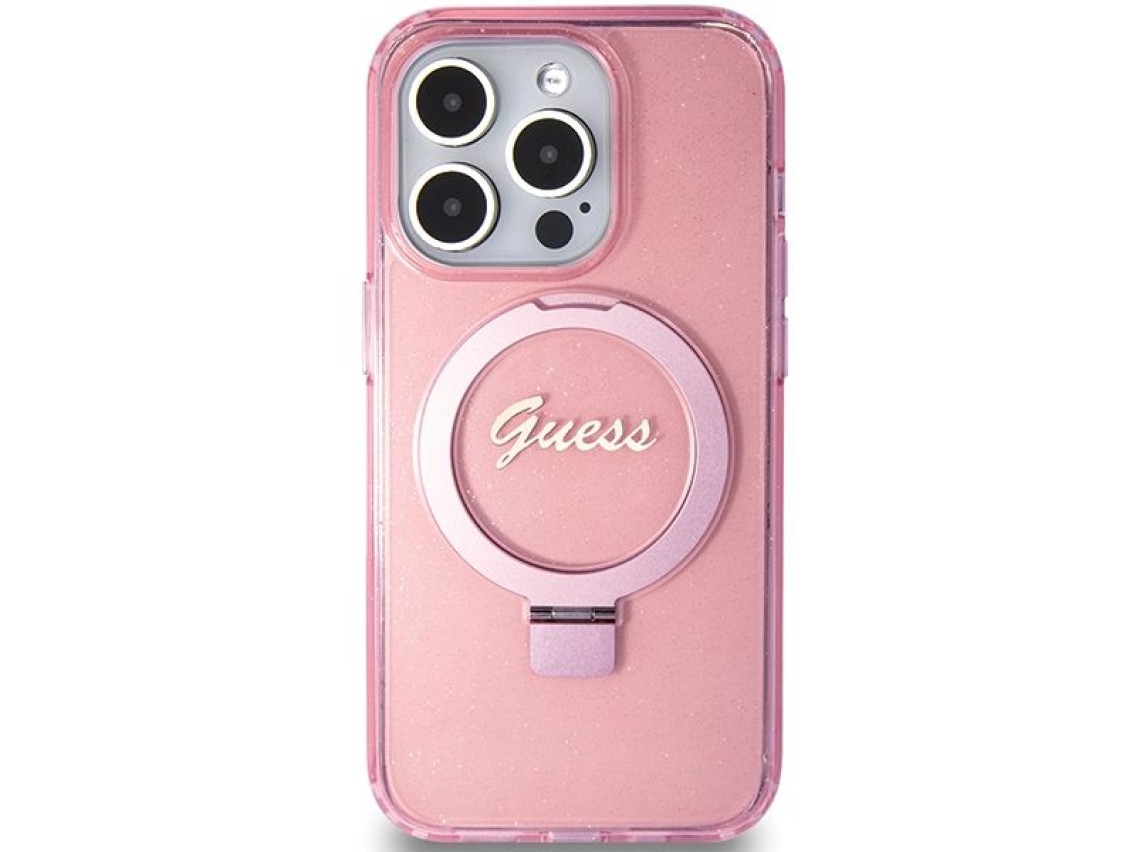 Capa MagSafe Guess Ring Stand Script Glitter para iPhone 15 Pro Max - rosa