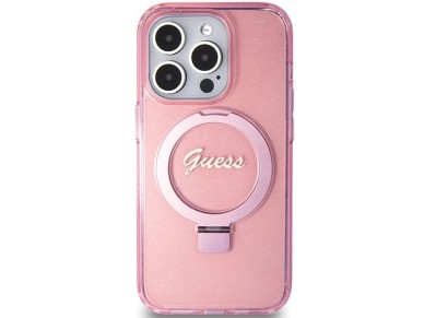 Capa MagSafe Guess Ring Stand Script Glitter para iPhone 15 Pro Max - rosa