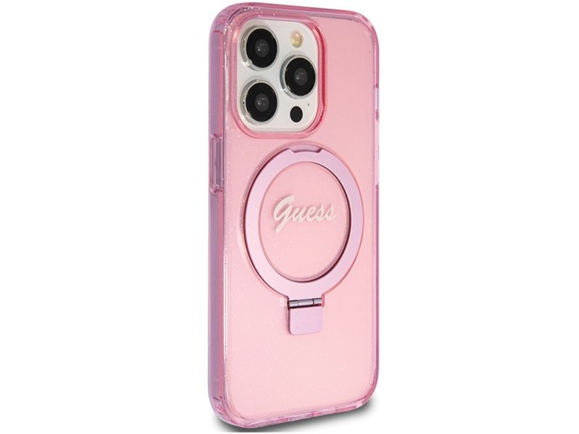 Capa MagSafe Guess Ring Stand Script Glitter para iPhone 15 Pro Max - rosa