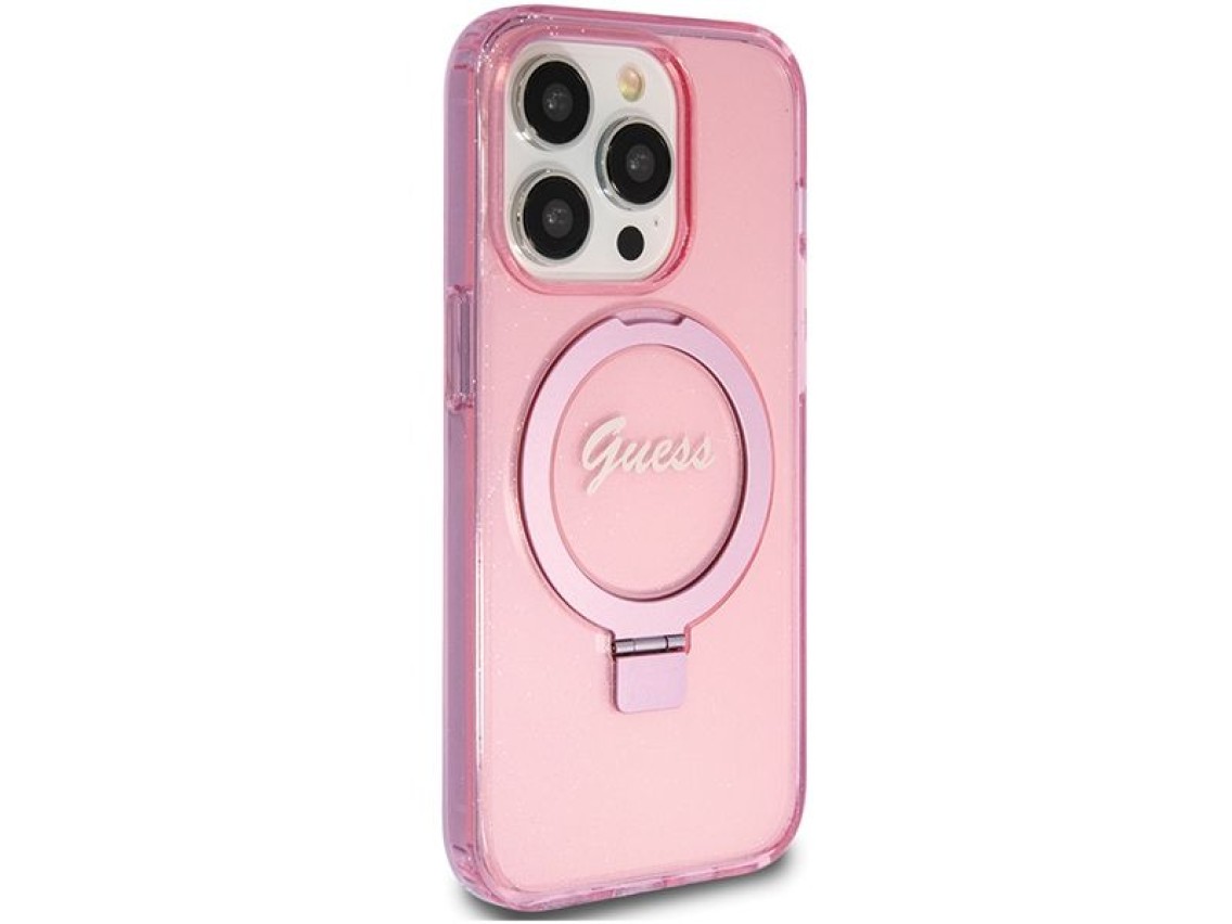 Capa MagSafe Guess Ring Stand Script Glitter para iPhone 15 Pro Max - rosa