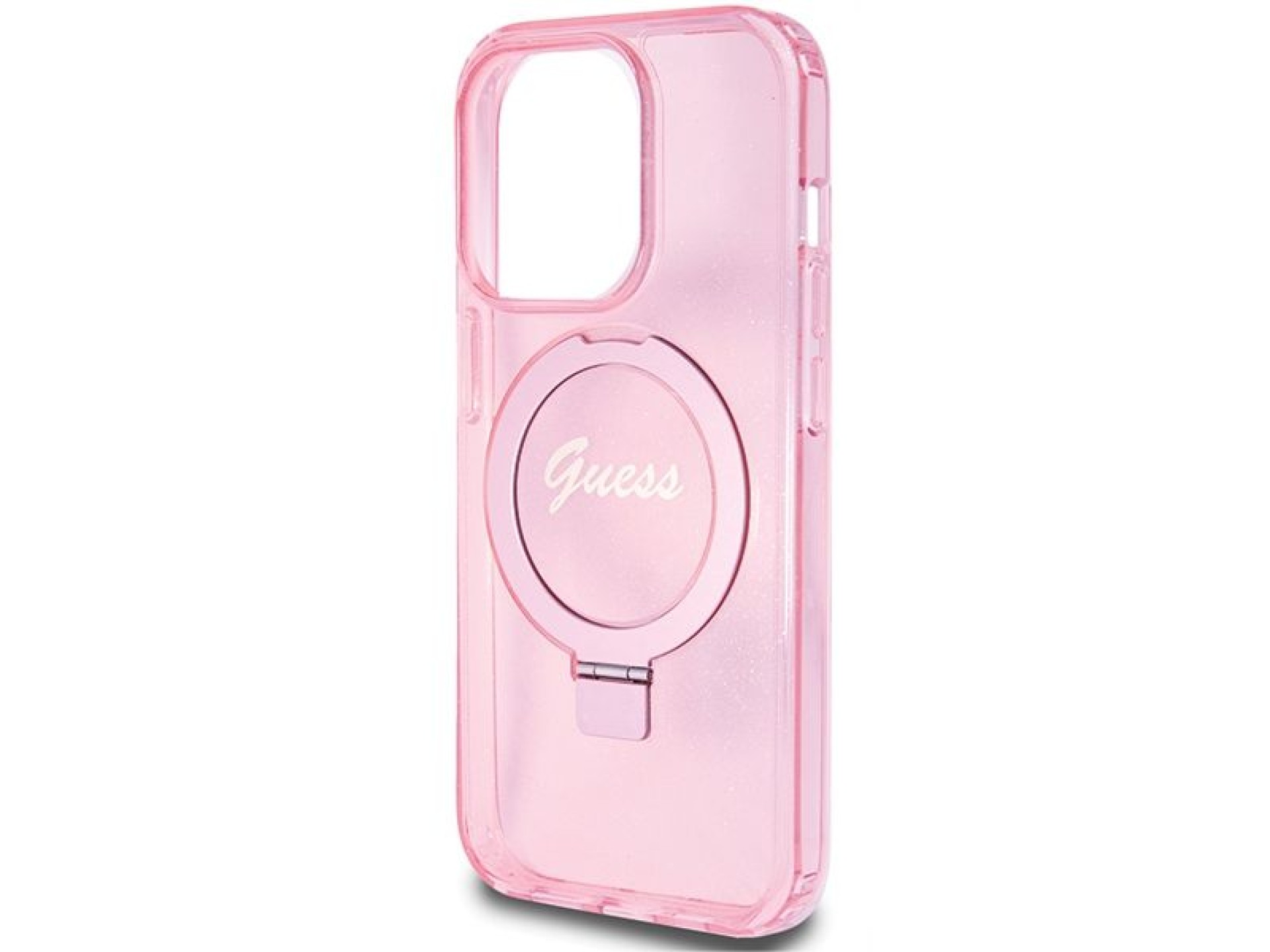 Capa MagSafe Guess Ring Stand Script Glitter para iPhone 15 Pro Max - rosa