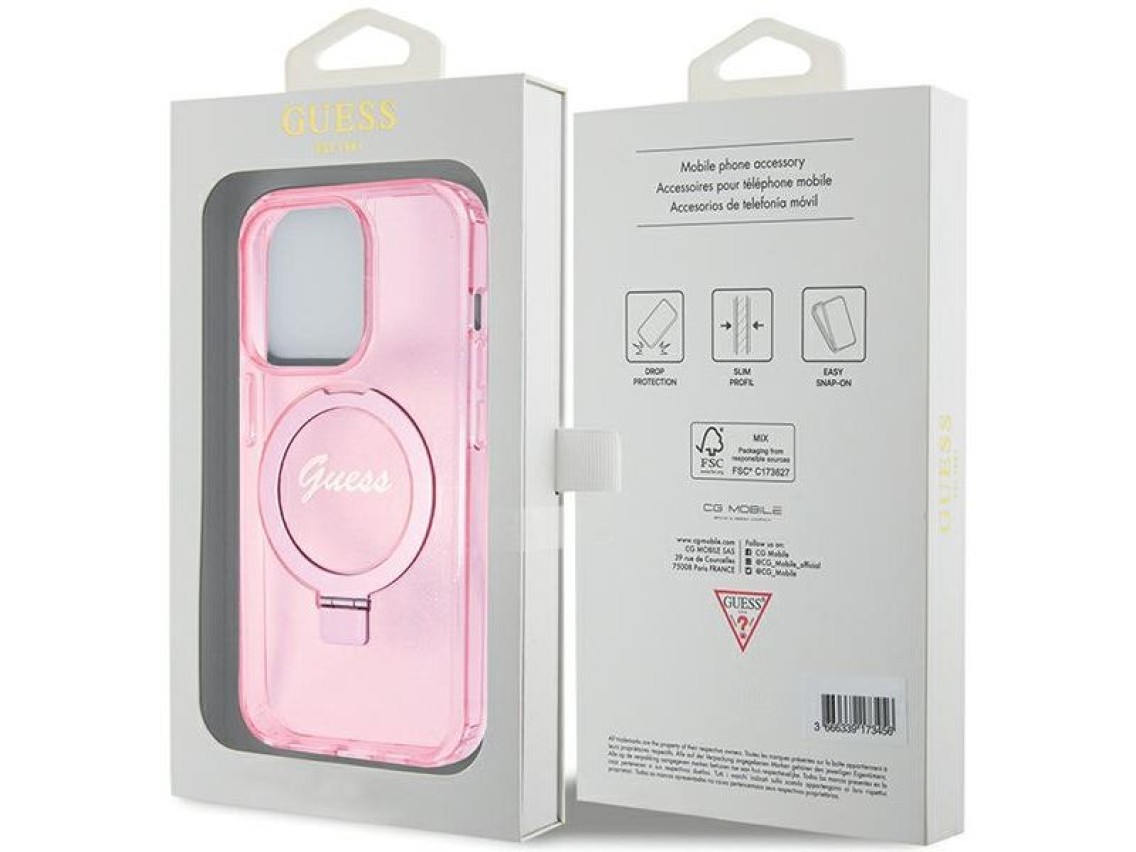 Capa MagSafe Guess Ring Stand Script Glitter para iPhone 15 Pro Max - rosa