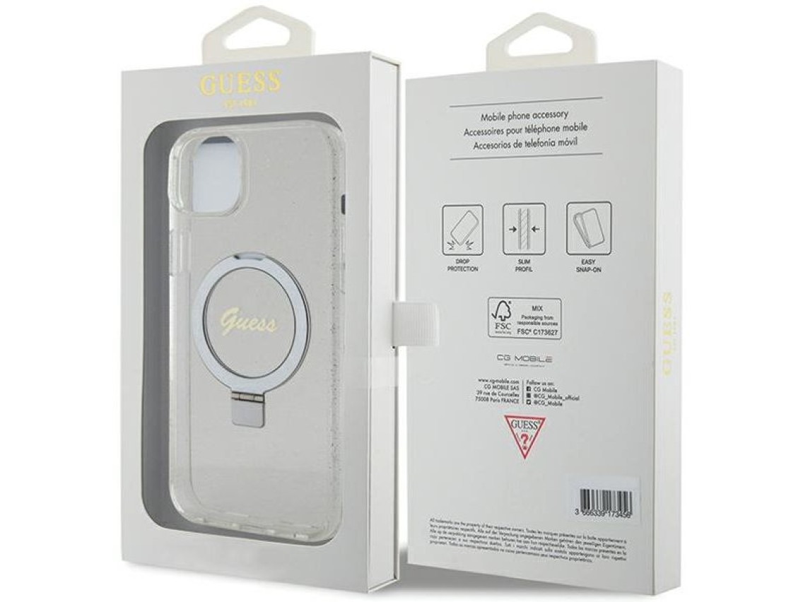 Capa rígida transparente Guess GUHMP15MHRSGSD para iPhone 15 Plus / 14 Plus de 6,7" com suporte de a