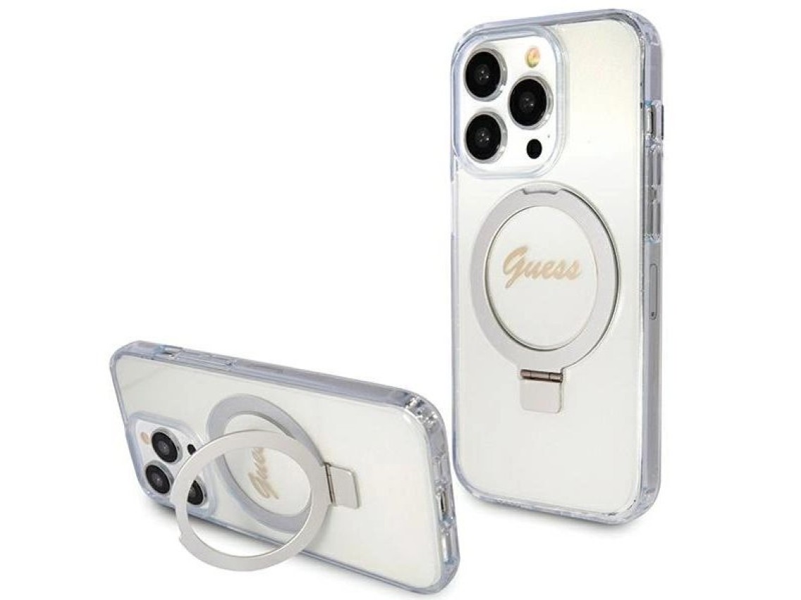 Guess Ring Stand Script Glitter MagSafe case for iPhone 15 Pro - transparent