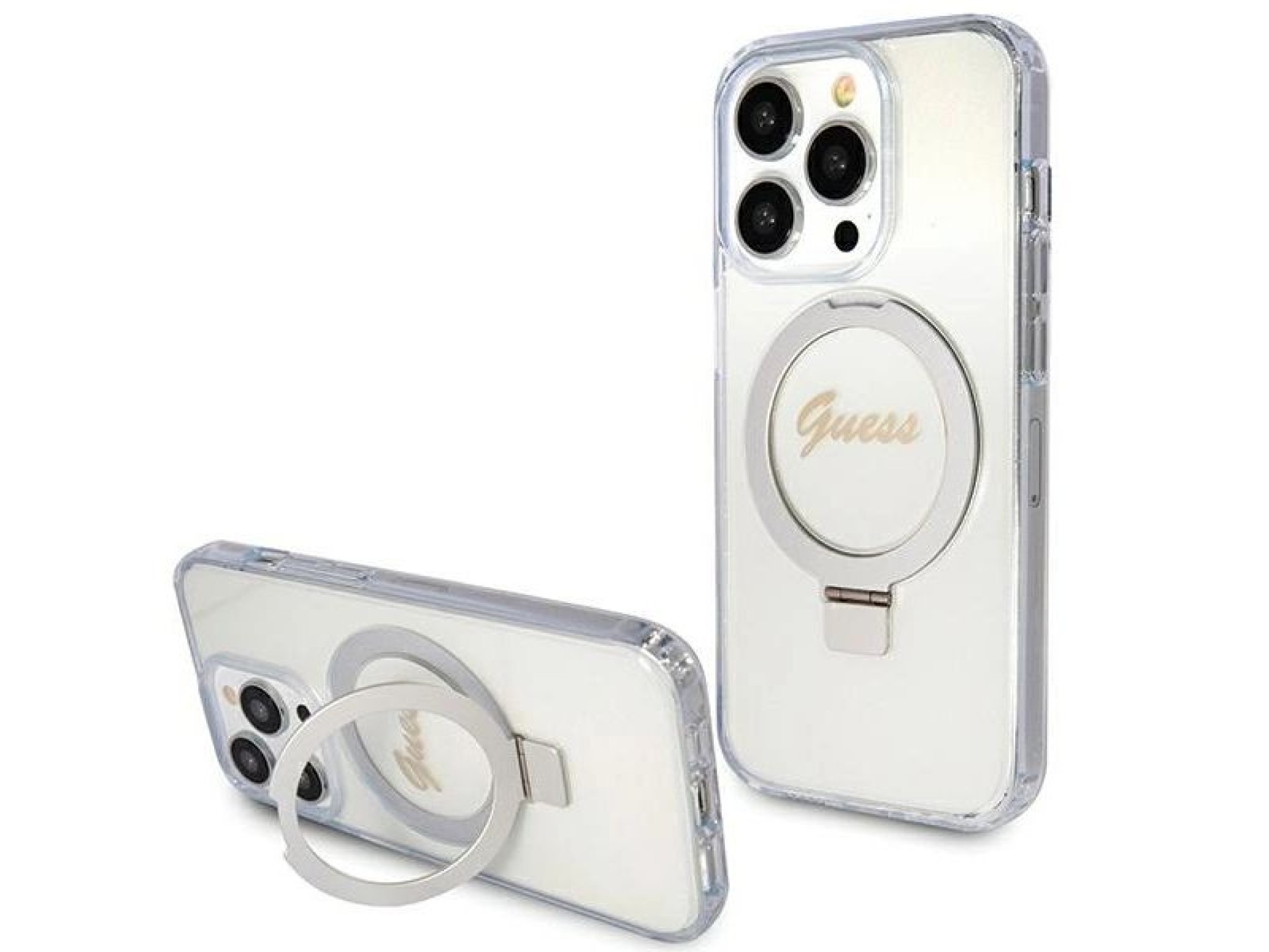 Guess Ring Stand Script Glitter MagSafe case for iPhone 15 Pro - transparent