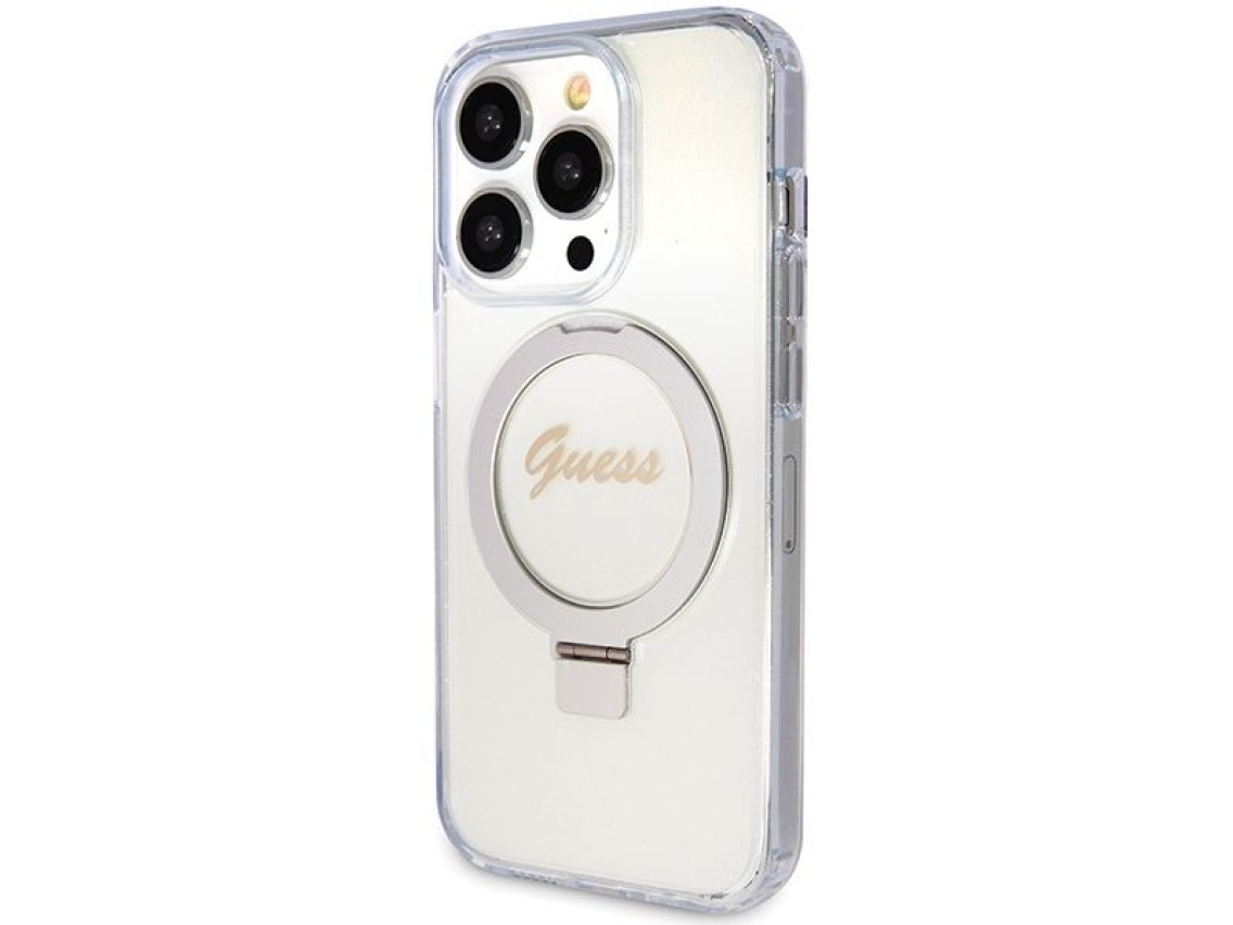 Guess Ring Stand Script Glitter MagSafe case for iPhone 15 Pro - transparent