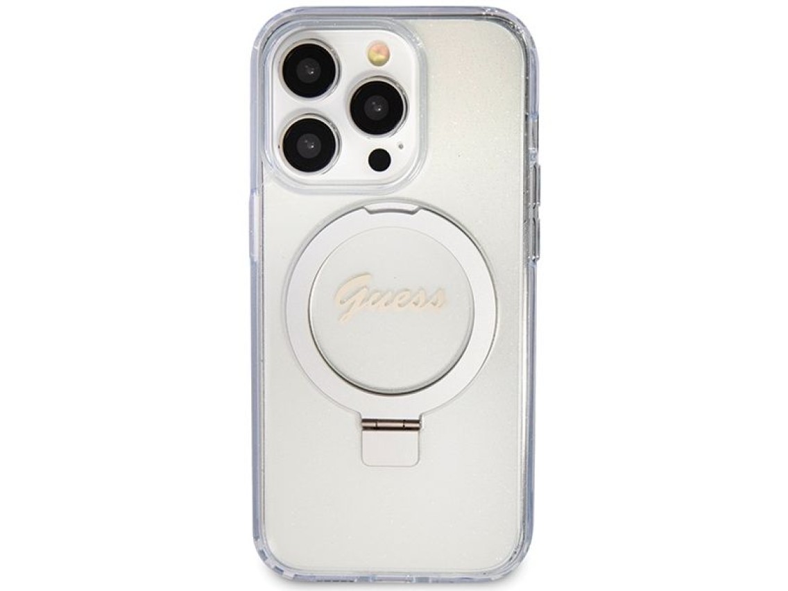 Guess Ring Stand Script Glitter MagSafe case for iPhone 15 Pro - transparent