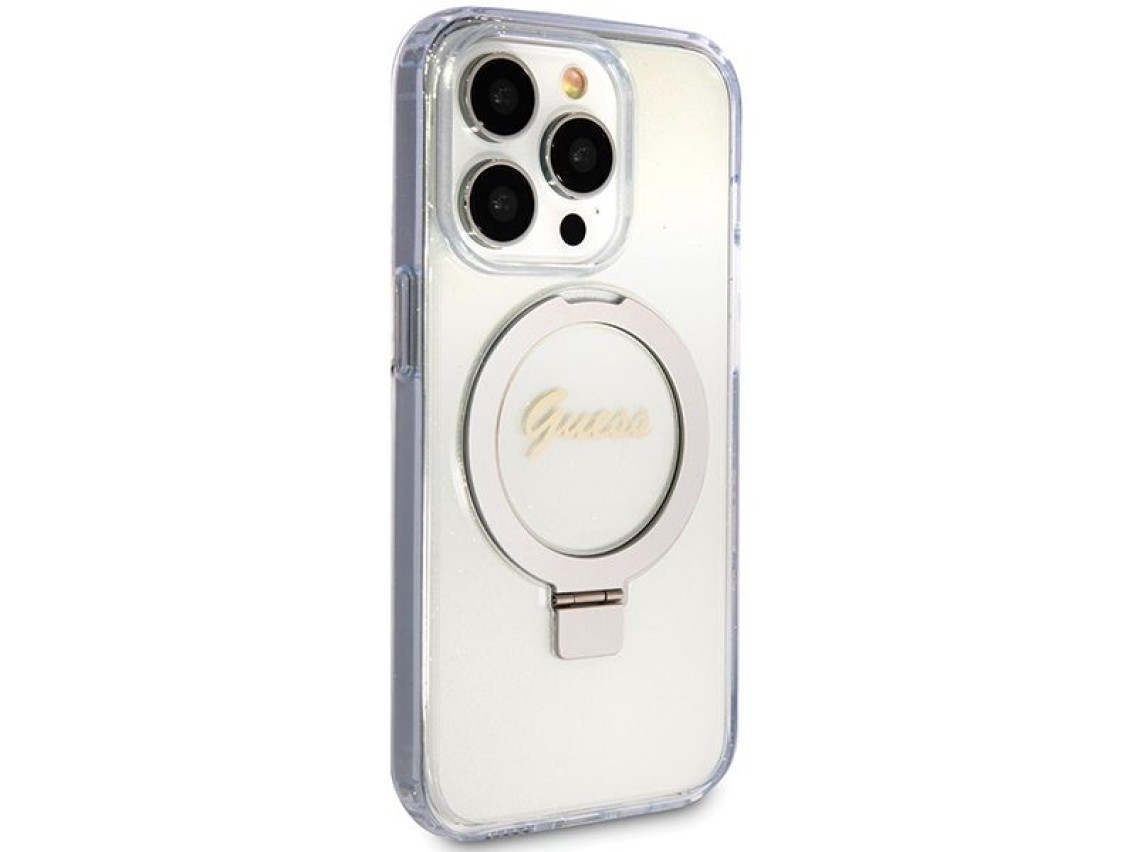 Guess Ring Stand Script Glitter MagSafe case for iPhone 15 Pro - transparent