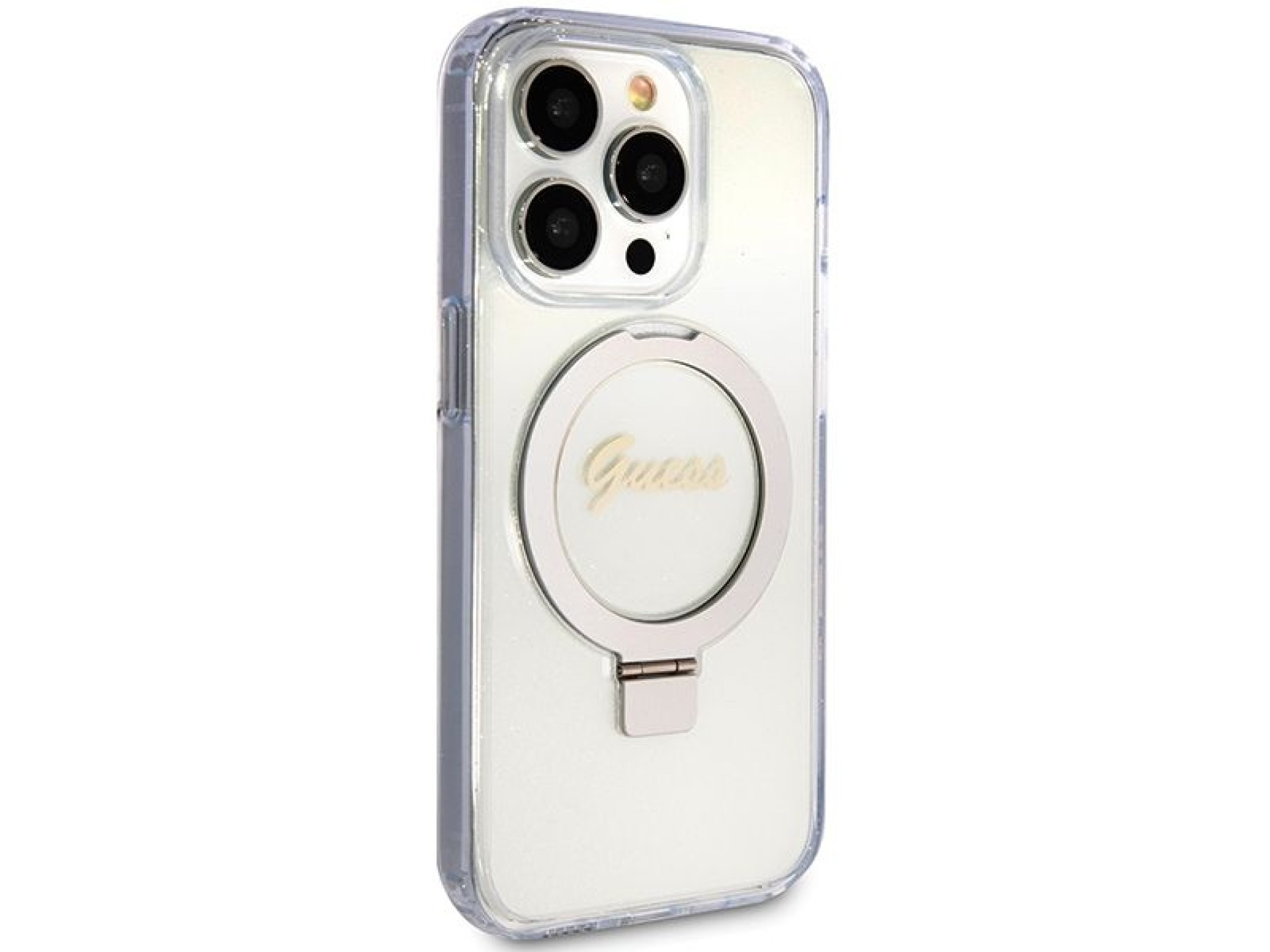 Guess Ring Stand Script Glitter MagSafe case for iPhone 15 Pro - transparent