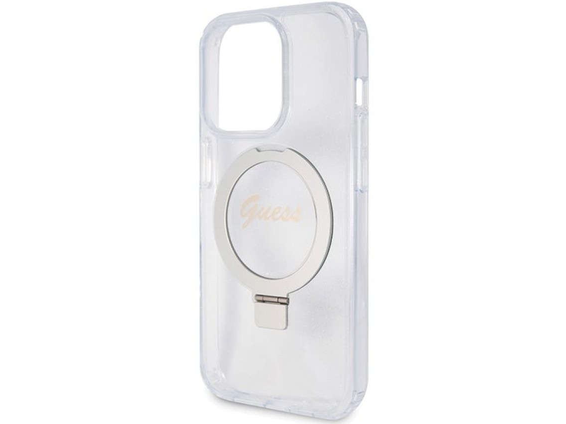 Guess Ring Stand Script Glitter MagSafe case for iPhone 15 Pro - transparent