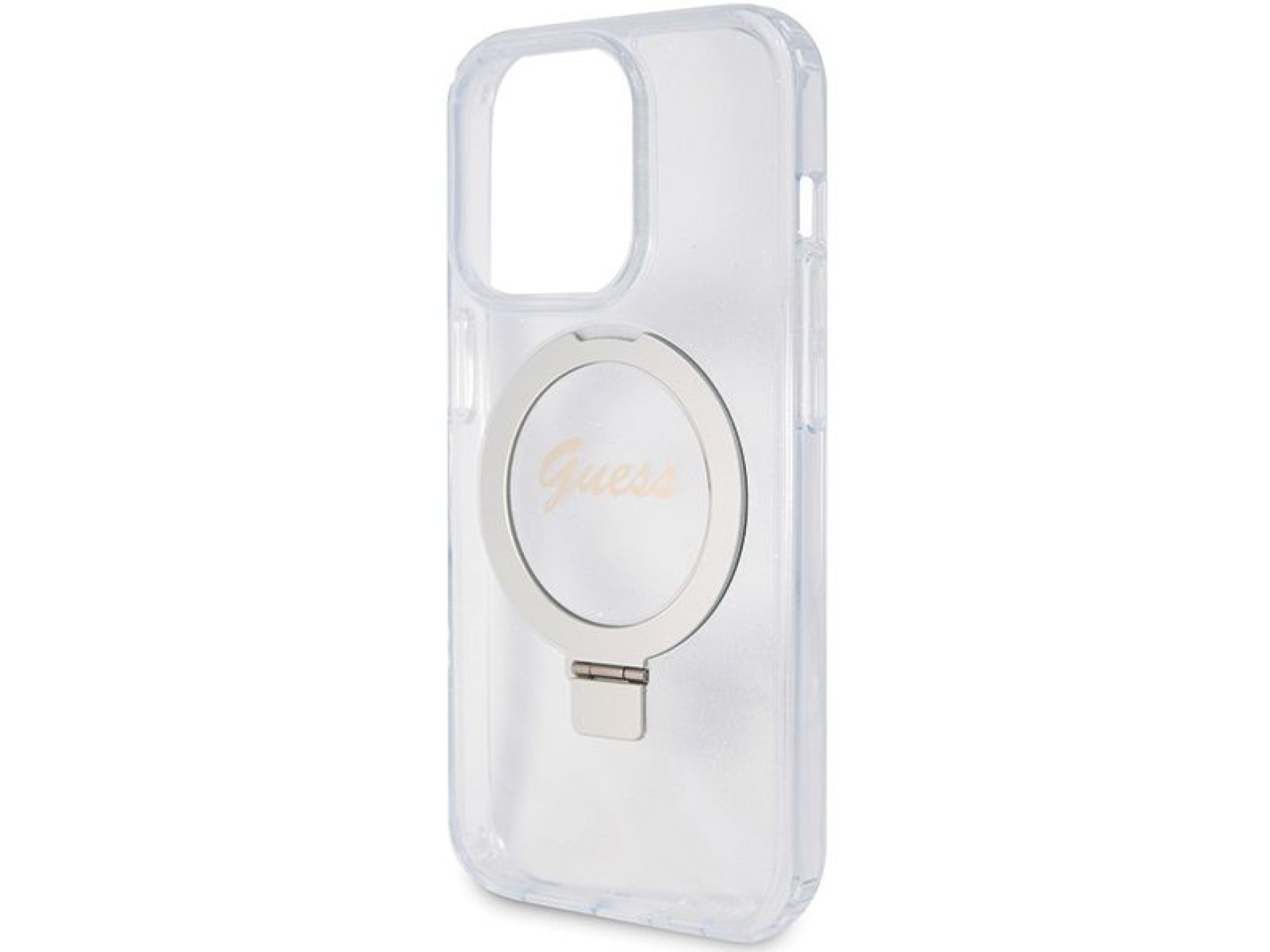 Guess Ring Stand Script Glitter MagSafe case for iPhone 15 Pro - transparent
