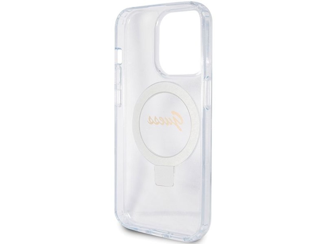 Guess Ring Stand Script Glitter MagSafe case for iPhone 15 Pro - transparent
