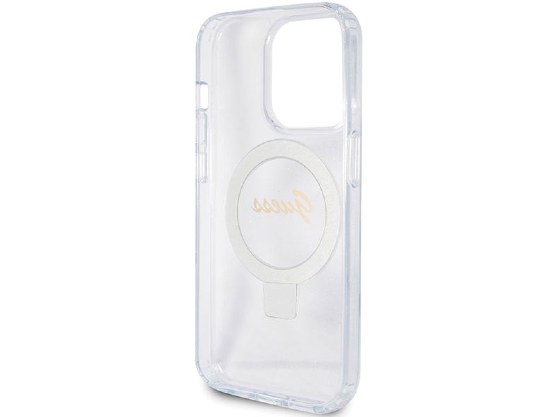 Guess Ring Stand Script Glitter MagSafe case for iPhone 15 Pro - transparent