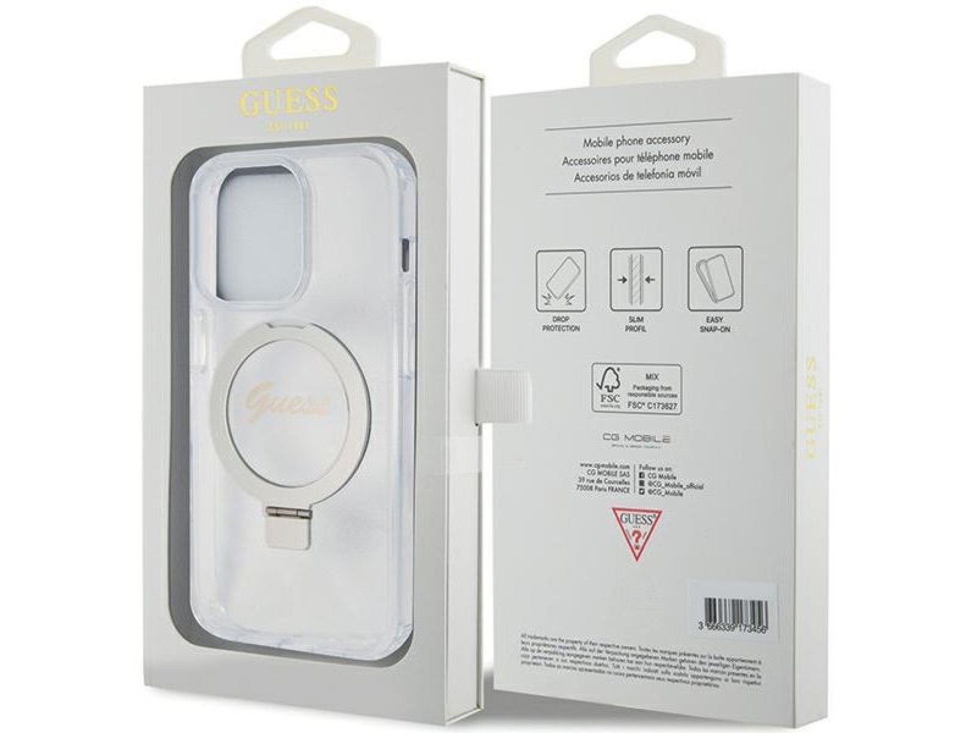 Guess Ring Stand Script Glitter MagSafe case for iPhone 15 Pro - transparent