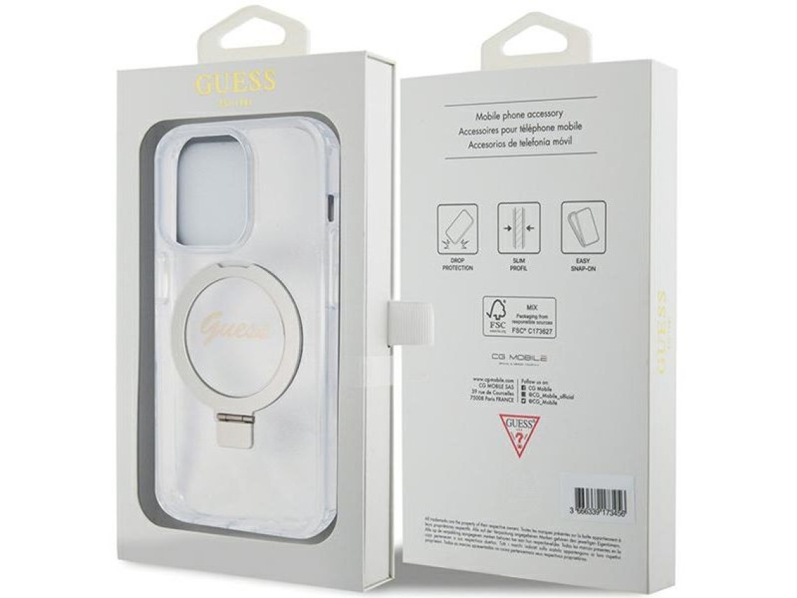 Guess Ring Stand Script Glitter MagSafe case for iPhone 15 Pro - transparent