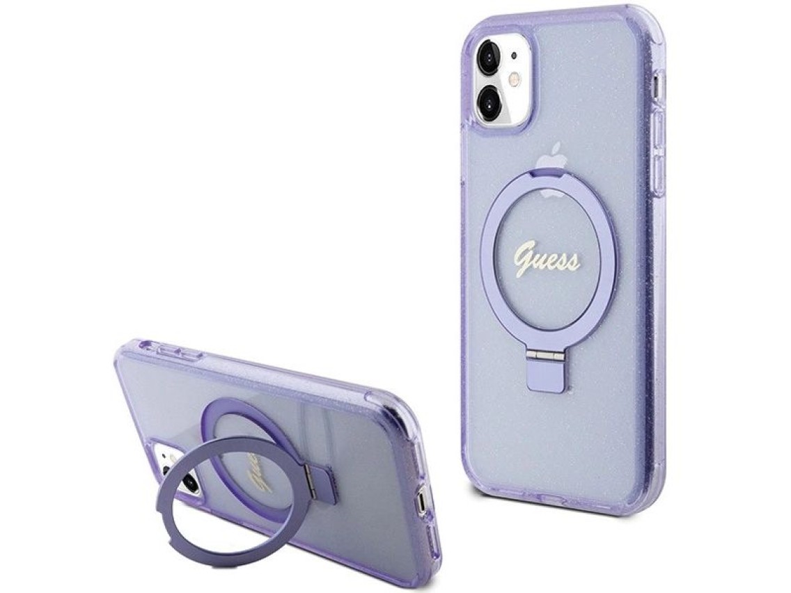 Capa MagSafe Guess Ring Stand Script Glitter para iPhone 11 / Xr - roxa
