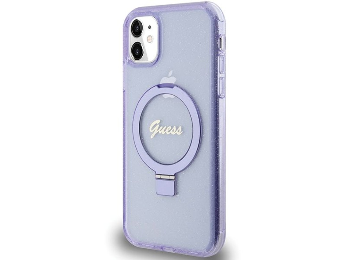 Capa MagSafe Guess Ring Stand Script Glitter para iPhone 11 / Xr - roxa
