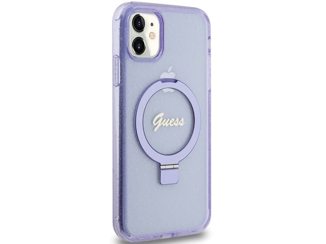 Capa MagSafe Guess Ring Stand Script Glitter para iPhone 11 / Xr - roxa